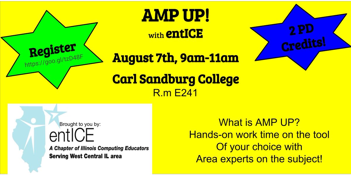 Join <a href="/entice_il/">EntICE</a> as we AMP UP for the school year! Area experts will be there for hands-on work time with the ed tech tool of your choice. 2 FREE PDH Aug. 7th from 9-11 at CSC <a href="/sandburg/">Sandburg</a>. Register here: bit.ly/2mJDltB
#SummerPD