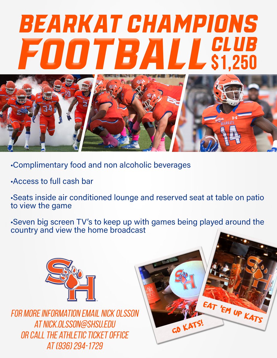 SHSU_BCF's tweet photo. Want to beat the heat during our @BearkatsFB games?  Enjoy complimentary food during @BearkatsMBB ?  Have a 🍺 in the tent at @BearkatsBSB ?  Join us in our new Bearkat Champions Premium Clubs today! https://t.co/UDC9GhWIca