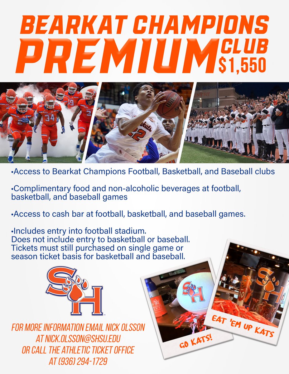 SHSU_BCF's tweet photo. Want to beat the heat during our @BearkatsFB games?  Enjoy complimentary food during @BearkatsMBB ?  Have a 🍺 in the tent at @BearkatsBSB ?  Join us in our new Bearkat Champions Premium Clubs today! https://t.co/UDC9GhWIca