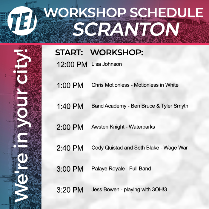 thinktei's tweet photo. Scranton! Come say hi! 
Today our TEI tent is across from the Journeys Left Foot Stage.
Check in for your workshop 10 minutes before the start time at the blue TEI flags by the Mutant White Lightning Stage. https://t.co/xKEgqa2Wyu
