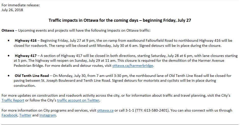 REMINDER: Traffic impacts on highways & roads around the capital, starting tomorrow. #ottnews #otttraffic https://t.co/1tFjiXhrns