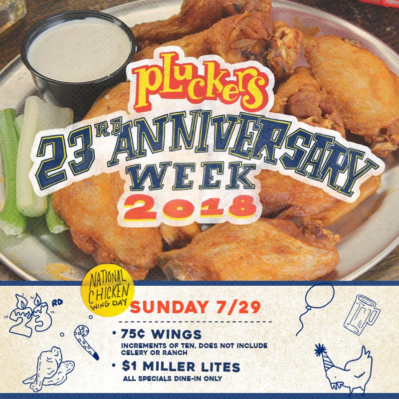 Pluckers's tweet photo. Want 75¢ wings and $1 Miller Lites? Today is National Chicken Wing Day and the last day of our Anniversary Week! Come celebrate with us! https://t.co/EJyajRSXDk