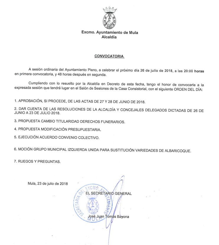 Hoy jueves 26 de julio a las 20:00h retransmisión directo #Pleno #Mula #Julio2018 @AyuntamientMula mula.es/web/pleno-en-d…