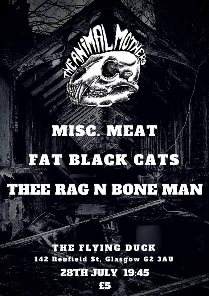 This Saturday its bring your own meat as we cook up a storm at the <a href="/flyduckglasgow/">The Flying Duck</a> with pals <a href="/fat_black_cats/">FAT BLACK CATS</a> <a href="/theeragnboneman/">Thee Rag N Bone Man - one man band</a> and @MISCMEAT - all this for £5?? Yes. #Punk #Vegan #MEAT #Kosher
