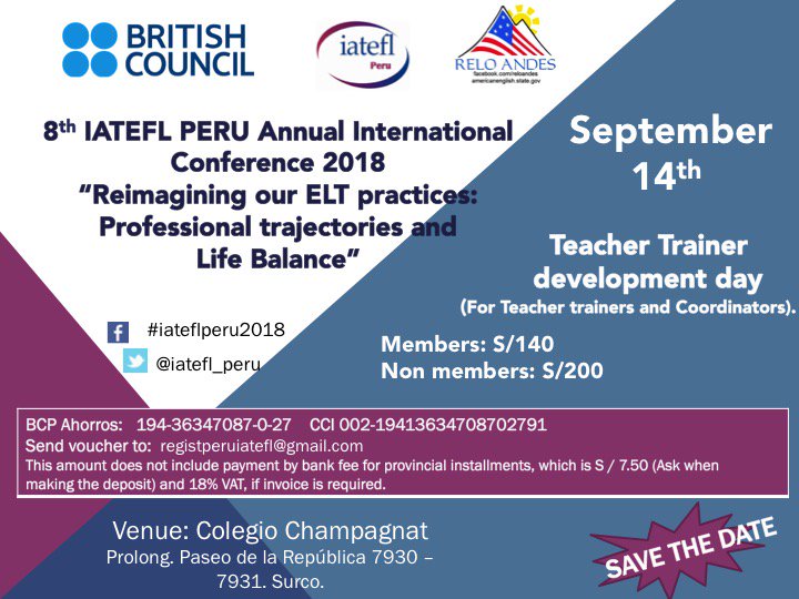 iatefl_peru's tweet photo. Are you a Teacher trainer or Coordinator? Join us next September 14th at Colegio Champagnat for our Teacher Trainer development full day #iateflperu2018 #EnglishTeacher @pebritish @reloandes @iatefl_peru @iatefl_gisig https://t.co/Dlca7t5JFe