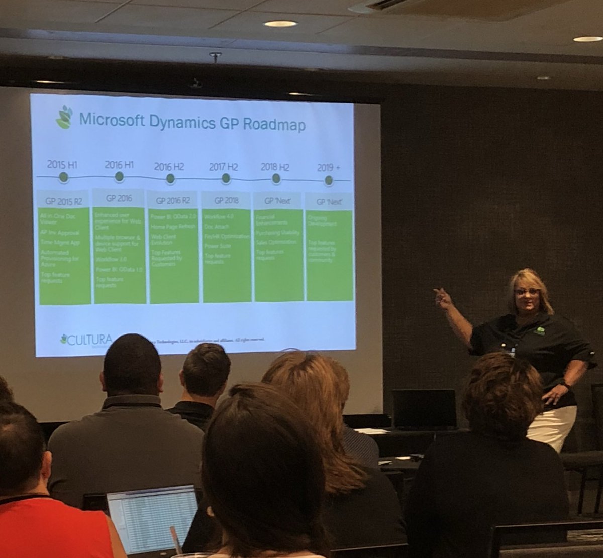 MikeTGreenstone's tweet photo. Marcy Muilenburg presents the Microsoft Dynamics GP roadmap at the #2018CinchCustomerConference @greenstonesys https://t.co/6PWVnH77oC