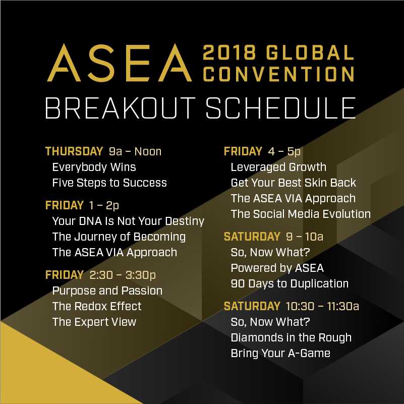 asea's tweet photo. Introducing the value-packed breakout session schedule for ASEA 2018 Global Convention. Register here to take full advantage of this prestigious training opportunity: https://t.co/TgjyyVYeE5 #ASEAconvention https://t.co/zWwaySJAra