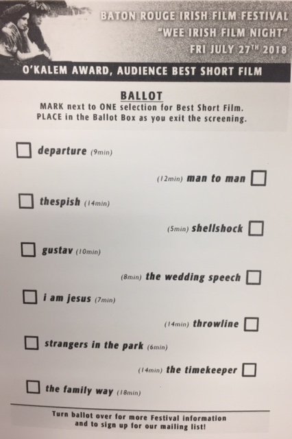Ballots are hot off the press! Come help the <a href="/BRIrishFilmFest/">BR Irish Film Fest</a> judge this year's short films tomorrow night at the <a href="/ManshipTheatre/">Manship Theatre</a> for WEE IRISH FILM NIGHT! 7:30PM!