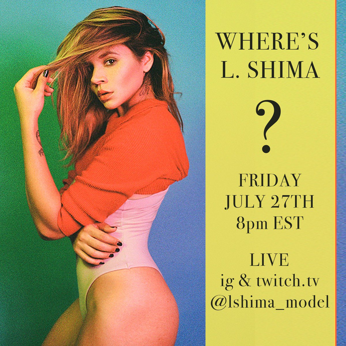 lshima_model's tweet image. It&apos;s been a LONG TIME. Join me this Friday (7/27) 8pm EST LIVE on twitch and IG, as I go over all that has happened during my disappearance! I can&apos;t wait to chat :)