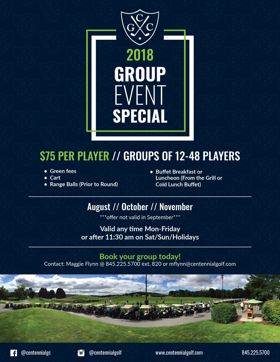 Centennial Golf Club (@centennialgolf) on Twitter photo Bring your group to <a href="/CentennialGolf/">Centennial Golf Club</a> this fall! Valid August/October and November for groups of 12-48. $75 greens fee includes your choice of a buffet breakfast or lunch. Call to reserve your date today! 845.225.5700 ext. 820 Bring your group to <a href="/CentennialGolf/">Centennial Golf Club</a> this fall! Valid August/October and November for groups of 12-48. $75 greens fee includes your choice of a buffet breakfast or lunch. Call to reserve your date today! 845.225.5700 ext. 820