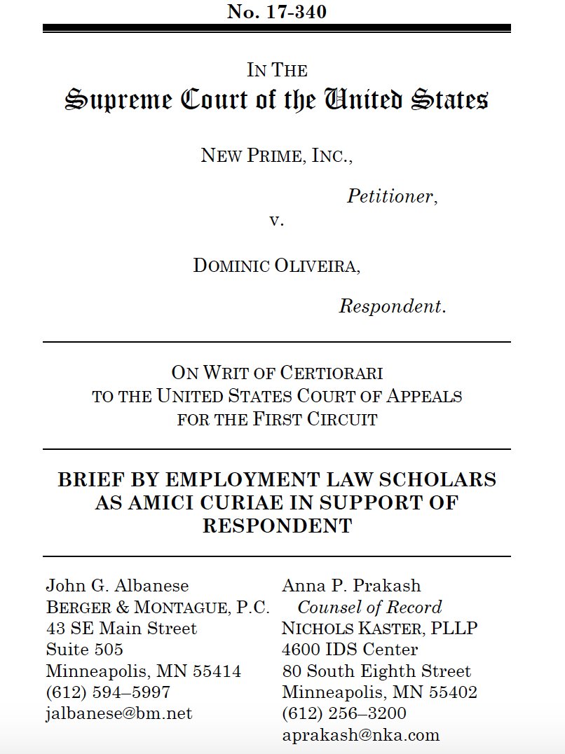 Proud to join Employment Law Scholars’ brief for upcoming SCOTUS case New Prime v. Oliveira, to be heard Oct 3, urging affirmance of 1st Cir. holding that the Fed. Arb. Act. did not require worker here to waive rights to go to court for minimum wages due.@UNLVLAW <a href="/UNLVWorkLawProg/">WorkplaceLawProg</a>
