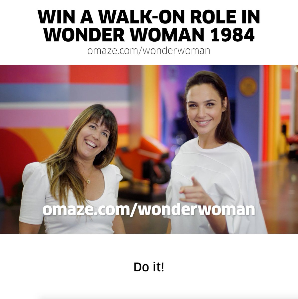 Wonder Woman 1984 on X: "Gal Gadot and Patty Jenkins invite you to film as an extra in #WW84! Are you up for it? ENTER NOW: https://t.co/I68bvbfWzm https://t.co/NDDy0LJFs5" / X