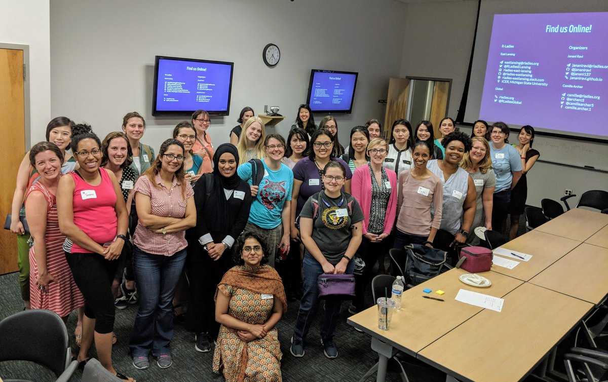 RLadiesELansing's tweet photo. R-Ladies East Lansing launched yesterday w/ a truly unexpected turnout (34)! #rladies We have 60+ folks on Meetup, 40 &amp; counting on Slack and 100+ followers on Twitter! Looking forward to many more fun events! @michiganstateu @msuresearch
@icermsu
To #rstats &amp; #DataScience! 🎉 https://t.co/F5KNmeXfru