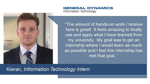 GDIT's tweet photo. Kieran is making an impact this summer as one of our #GDITInterns. Here’s what he has to say about his experience as an Information Technology Intern. #NationalInternDay #GDIntern https://t.co/GSeHuqHFMN https://t.co/y8csuYbUtz