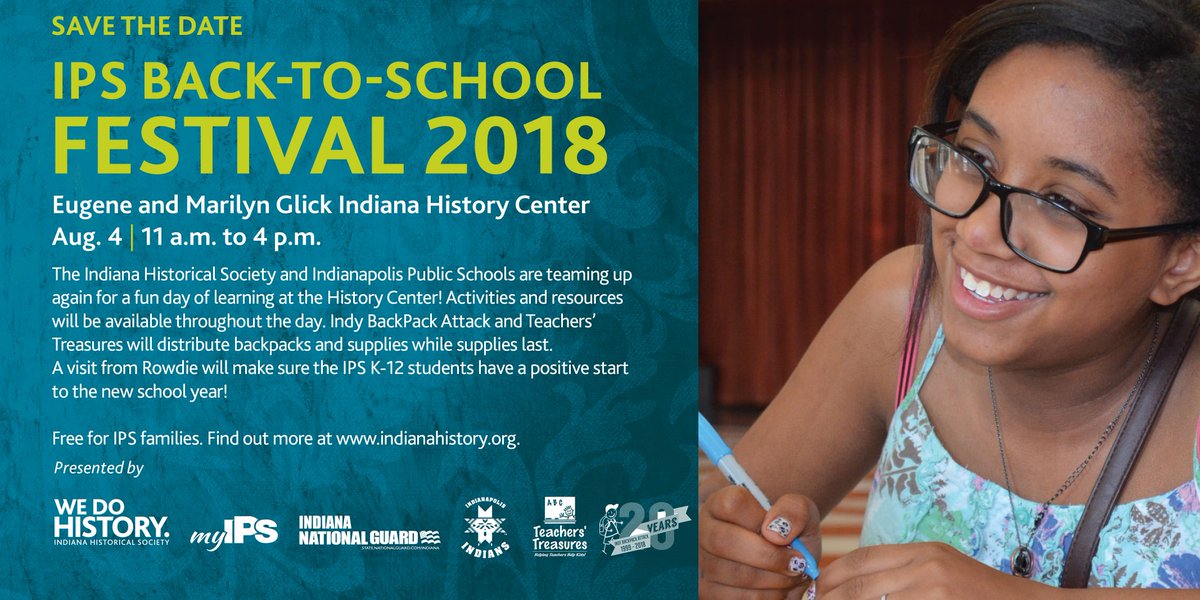 IndianaHistory's tweet photo. Save the date, @IPSSchools! On Saturday, Aug. 4, come for a fun day of resources and activities. @BackPackAttack and @TTindy will be distributing back packs and supplies, too. https://t.co/jwxSmEEyff https://t.co/fJ3bZoICPm