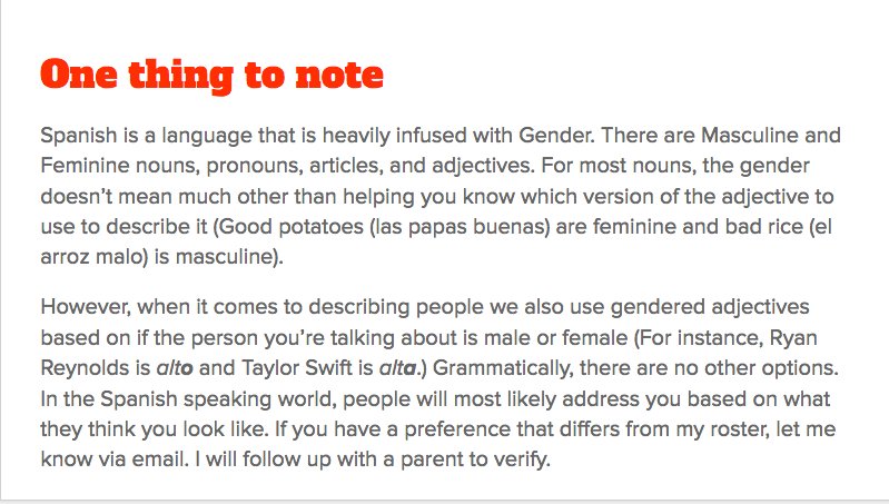 profe_blake's tweet photo. Okay fellow language teachers, I believe I will have at least one student struggling with gender identity in my class this year. Do you think this is an appropriate disclaimer to start off the year on the right foot? Advice would be helpful.  #spanishclass #masculineandfeminine https://t.co/GzrWZXE8Eu