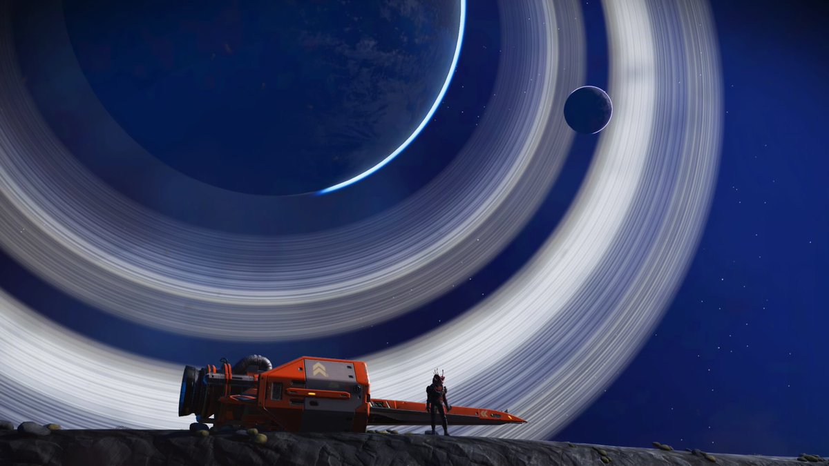 NMSDiscoveries's tweet photo. Awesome double ring planet view from another planetary surface. And another with a bluish planet. https://t.co/LCVql1vsG3