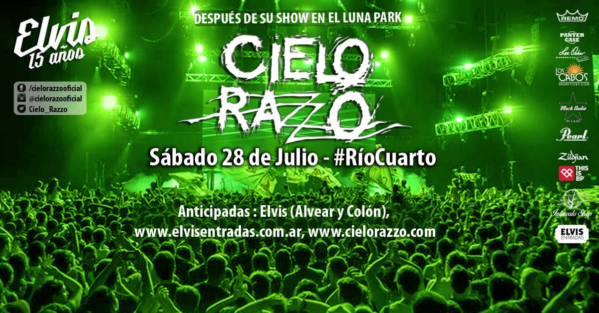 elvisriocuarto's tweet photo. Último finde del mes y lo cerramos el sábado desde las 22 Horas con @Cielo_Razzo festejando sus 25 años luego de pasar por el Luna Park. Estarán de invitados @LoAjenoOficial q también calientan motores esta noche en #ElvisJam nos vemos en el show! https://t.co/W2bEh3pjH8