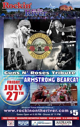 This Friday get ready to rock with Appetite for Destruction Guns N Roses tribute! Kicking it all off at 6:15 pm Armstrong Bearcat Band! Food, adult beverages and more! Admission $5 at the gate. Don't miss this party!