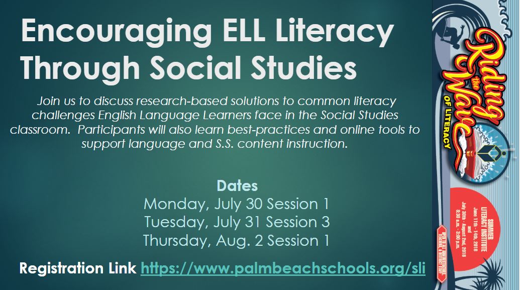 CarolinaTAbreu's tweet photo. We hope to see Social Studies teachers next week at #slipbc18 @EsolPbc @fernelize_henry #ELL_Literacy https://t.co/ErN8aEOasN