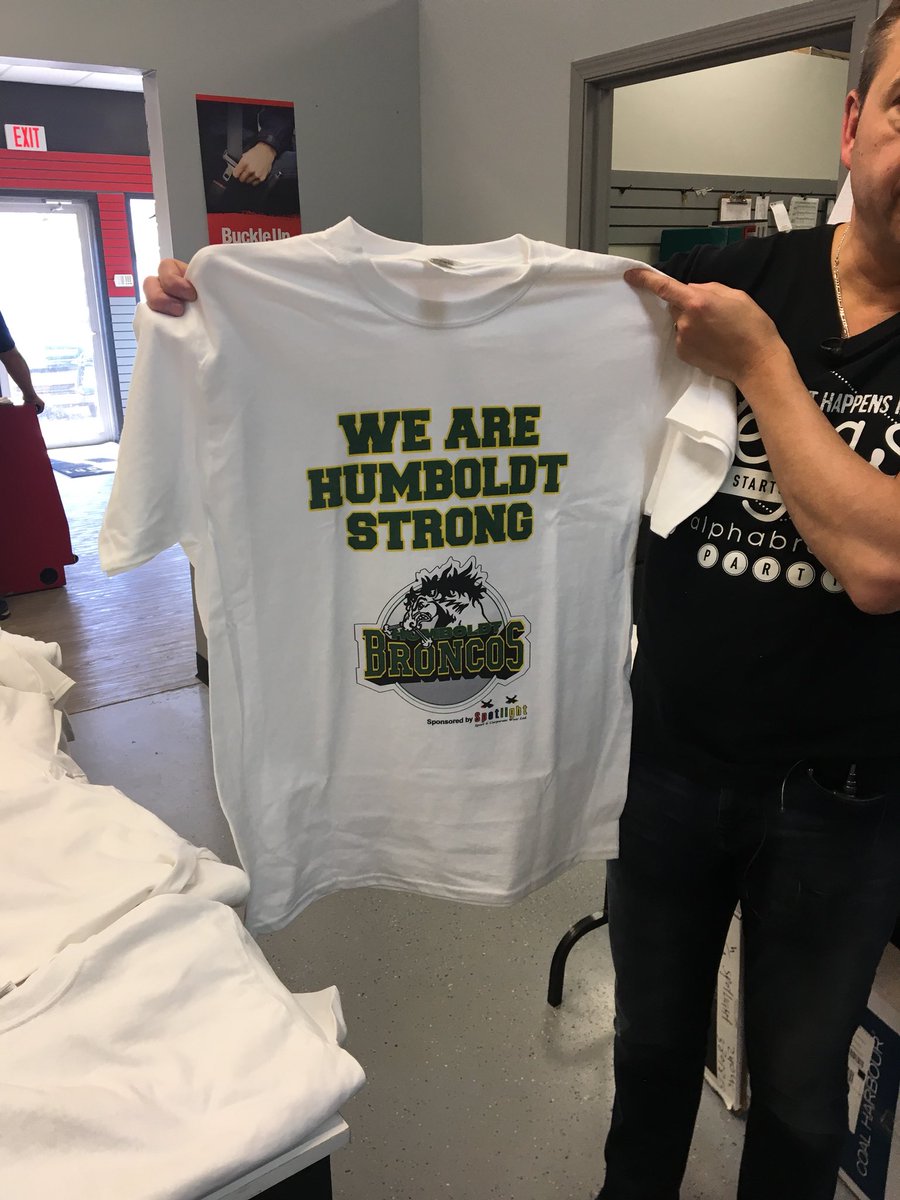 AdamMacVicar's tweet photo. The Humboldt Strong T-shirt campaign started by Spotlight Sports and Corporate Wear in Humboldt has raised $304,239. The money will go to the Humboldt Strong Community Fund. Spotlight printed over 12,000 shirts since April 7th. #YXE #HumboldtBroncos #Sask https://t.co/StEnOeWdFc