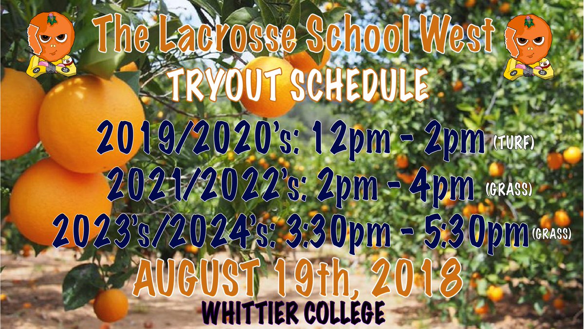 RottenOrangeLax's tweet photo. 🍊💥2018 Rotten Orange Tryout Schedule‼️🗣 August 19th, 2018
WHITTIER COLLEGE

2019/2020’s: 
12pm - 2pm 🍊 
2021/2022’s:
2pm - 4pm 🍊 
2023/2024’s:
3:30pm - 5:30pm 🍊 
Bring the JUICE🥤😋 @thelacrosseschool.west @thelacrosseschool https://t.co/PL7obL851U