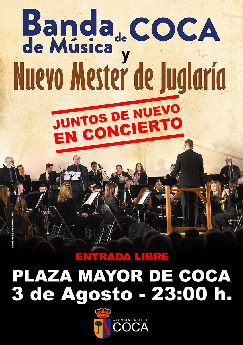 ¡¡COMIENZA LA CUENTA ATRÁS!! ¿Tenéis ganas? Nosotros muchísimas 👏👏😊😊

Anotadlo en vuestras agendas:

📆 Viernes 3 de agosto
📌 Plaza Mayor de Coca
🕚 23.00 horas
🎶 Nuevo Mester de Juglaria y Banda de Música de Coca
💸 ENTRADA LIBRE