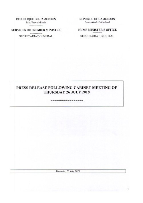MincomCameroun's tweet photo. The Prime Minister, Head of Government, His Excellency Philemon YANG, this Thursday, 26 July 2018, chaired this month’s Cabinet Meeting.

The Press Release--->
#ComGovWeb
#Cameroon
#Cameroun
#TT237 #Team237 #Twitter237 https://t.co/VqbCJoCcMB