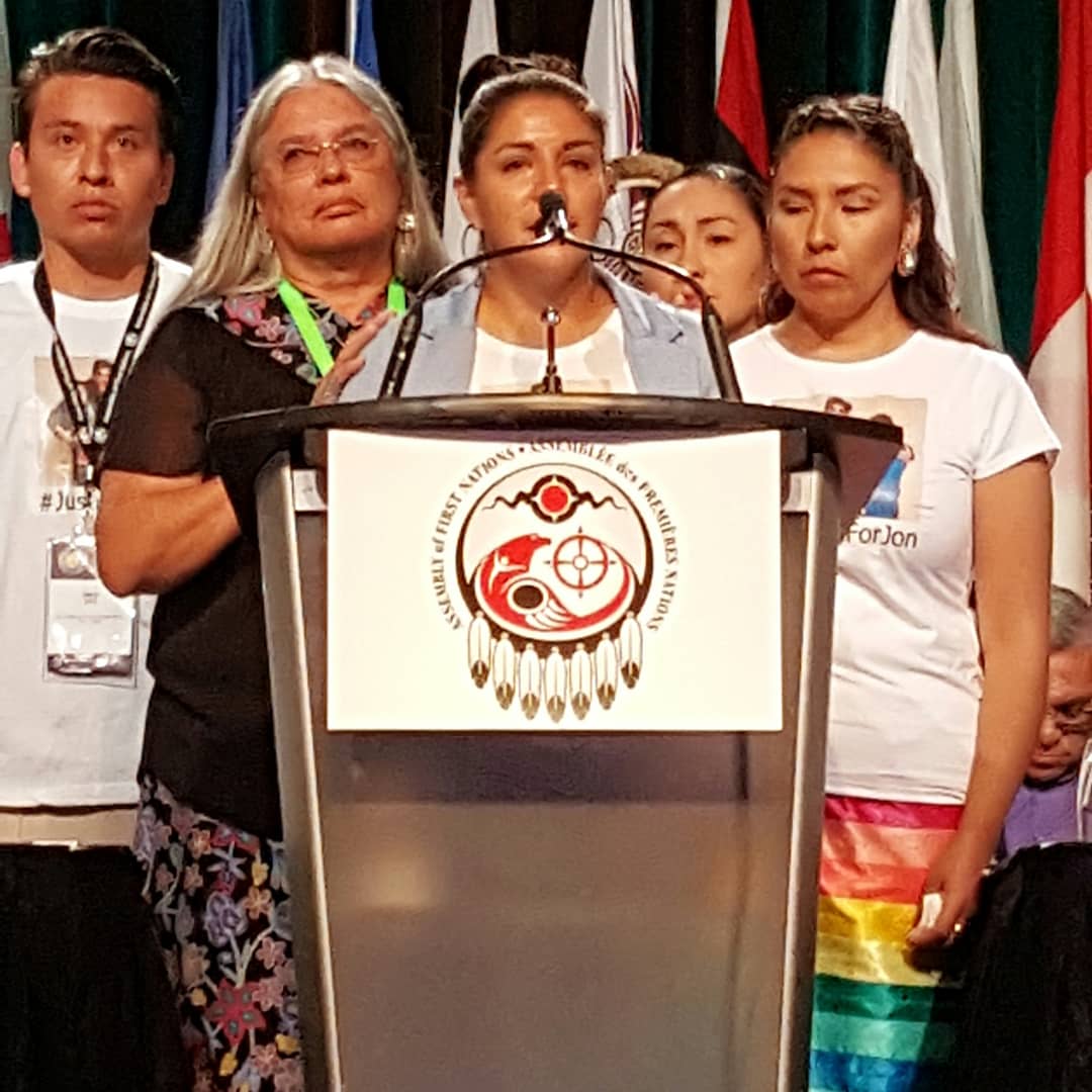 thedonkelly's tweet photo. Powerful presentation by Lindsay Hill, wife of Jon Styres, and family together with members of Boushie family at #AFNAGA today. Canada has a legal system, it needs a justice system. https://t.co/cA0Mkqr8l1