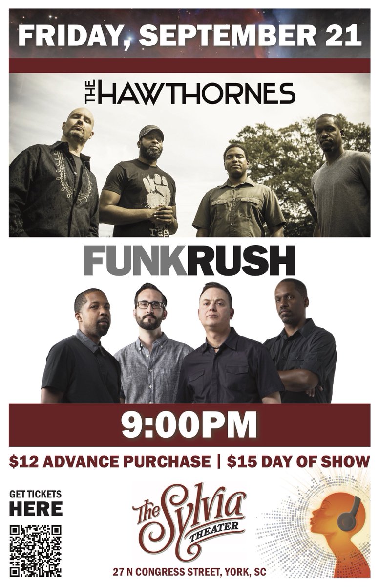 FunkRushBand's tweet photo. Get yerself to the @sylviatheater on Friday Sept. 21st! Tix on sale now: https://t.co/pxSB6IaAuT $12/Adv $15 Day of Show. Double-bill w/@The_Hawthornes is gonna be off the hook!! #livemusic #york #sc #sylviatheater #originalmusic #funk #rock #pop #vocals #instrumentals https://t.co/2bSL71Kbby