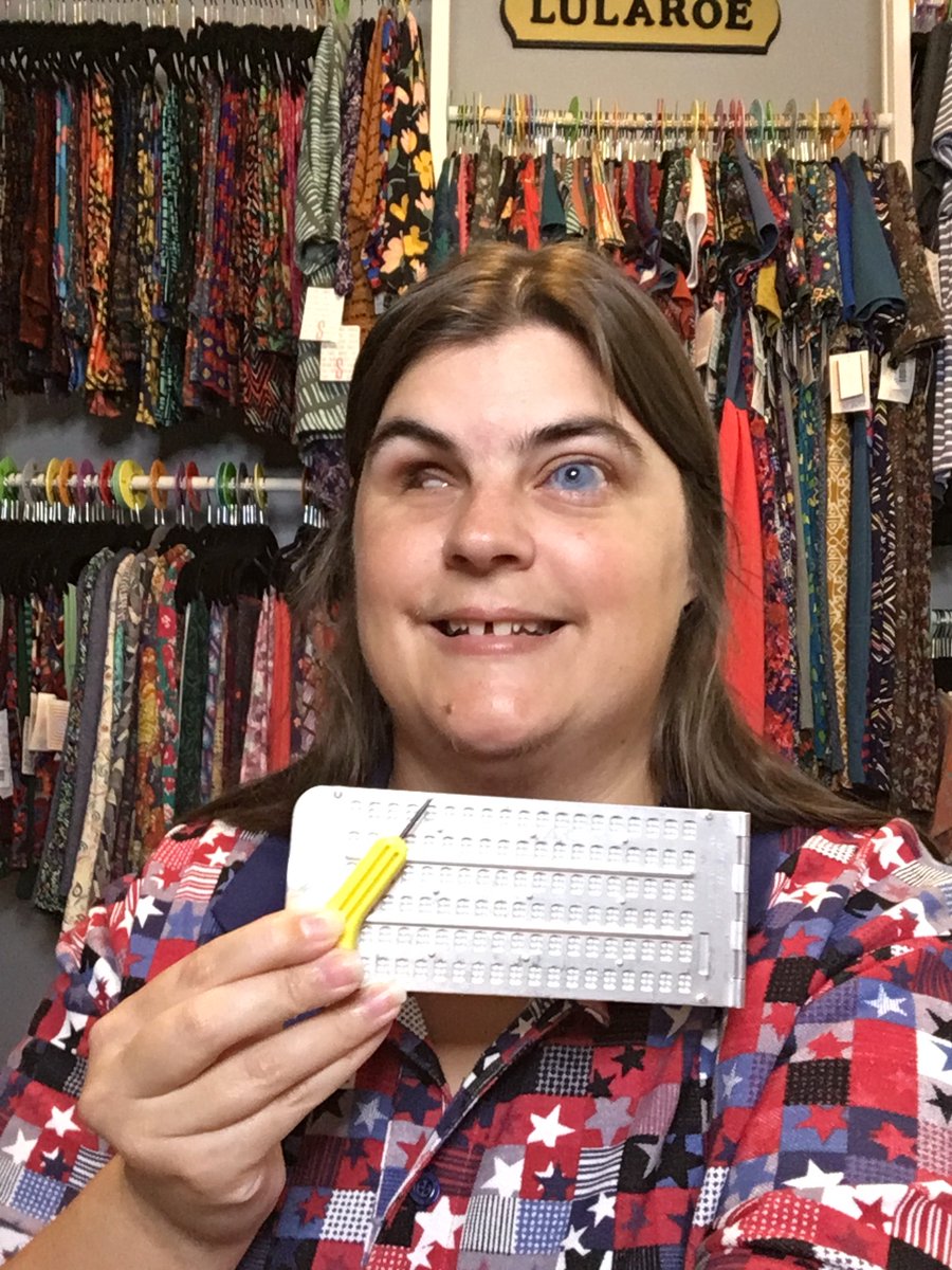 LLRARagain's tweet photo. Brailling all the size tags in my shop so I will be able to do live shows independently. #WhatImDoingToday #BrailleIsCool #BrailleIsBeautiful #SlateAndStylus #Braille #Accessible #Independence #DifferentlyAbled #ThursdayThoughts #LuLaRoe #SmallBusiness #BlindProbs @LuLaRoe https://t.co/jFLXhLsJAs