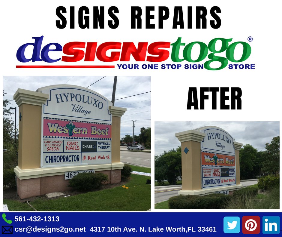 designs2goinc's tweet photo. Want your sign repaired?! Give us a call, and let Designs2Go take care of making your signs beautiful once again! 
#Designs2Go #signrepair #qualitysigns #monumentsigns #lakeworth #palmbeachcounty #hardwork #Before #After https://t.co/eQD1yD6U2C
