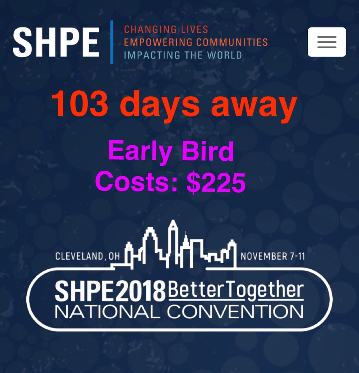 UTSHPE's tweet photo. Hey SHPEy's, Nat'l Conference is coming up!!!! Sign up to register for the discount before prices go up (Aug. 31st). If you are planning on going or have any questions. REACH OUT to Karly Olivares. She is handling logistics and can help with cheaper flight prices. #UTSHPE https://t.co/jG0T6Z1rSd