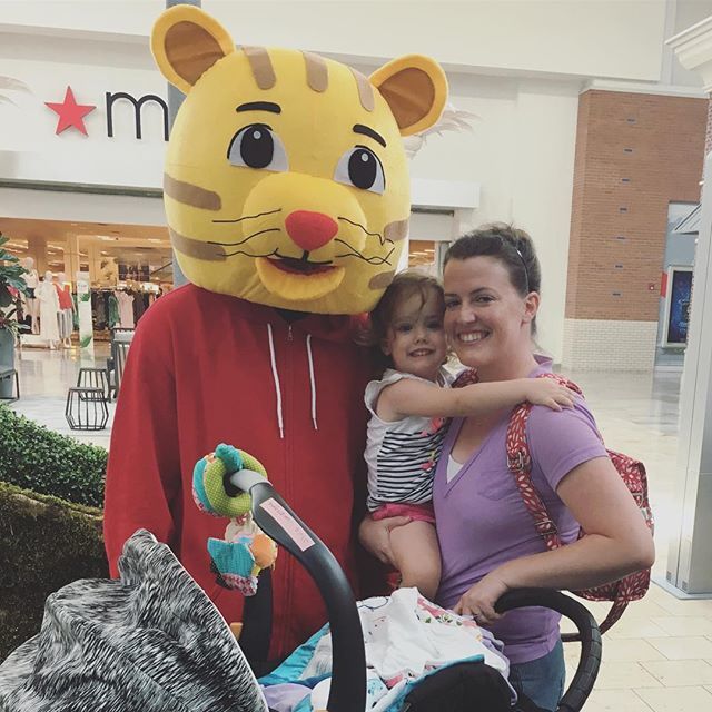 We all met Daniel Tiger today! Even though Olivia was thrilled and obsessed, she would not take a photo with him alone. Family picture it was! Maddie was asleep and didn’t mind not getting closer to him. #qeepsake