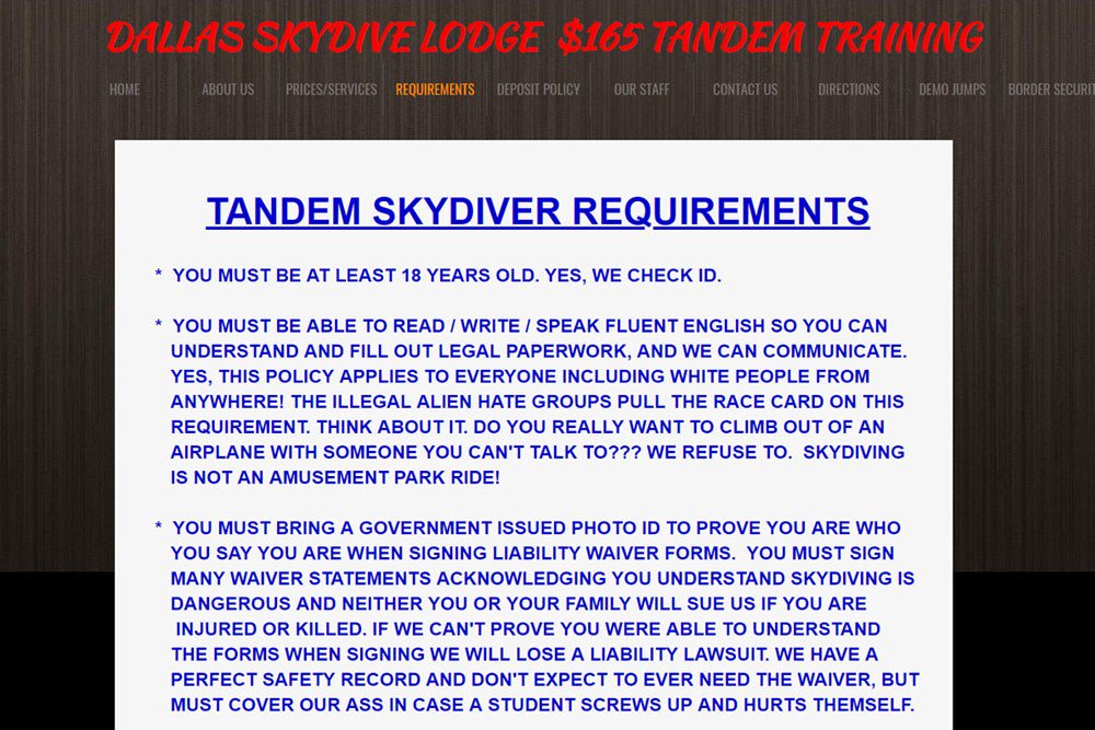 SkydivingCom's tweet photo. Dallas Skydive Lodge’s English-Only Policy Attracts Criticism https://t.co/s1yqlQafcp https://t.co/5gENL7Does