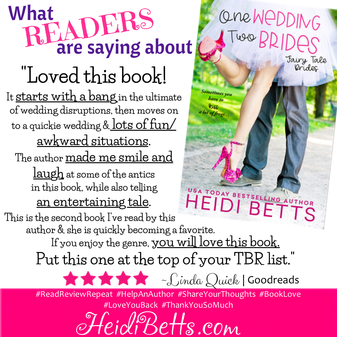 HeidiBetts's tweet photo. It's only been available 4 days, but already #readers are #loving ONE WEDDING, TWO BRIDES! 👸🤠👩‍❤️‍💋‍👨💖

Have you downloaded your copy yet? 😘

#OneWeddingTwoBrides #FairyTaleBrides #newrelease
#readerquote #readerappreciationday #sohappy https://t.co/DhBz4EIzxd