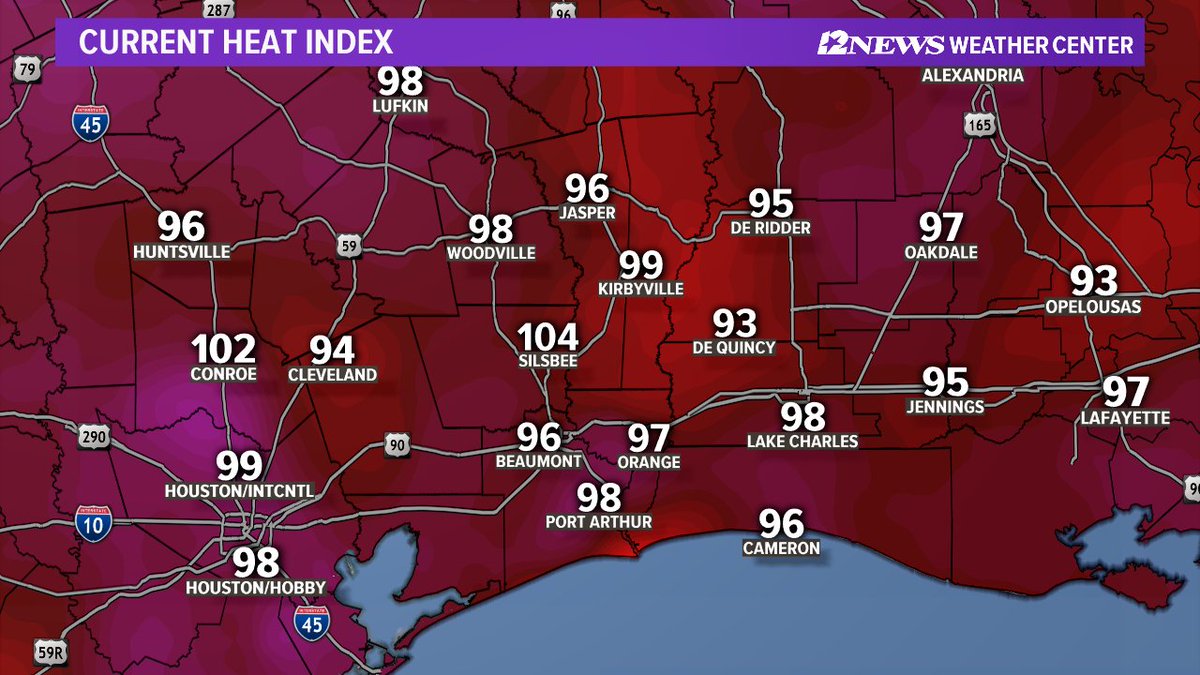 PatrickVaughn4's tweet photo. Good Thursday Afternoon SE Texas! No rain today as skies are mostly sunny with temperatures in the middle 90's. The humidity remains low helping take the bite out of the Heat Index. #FirstAlertSETX #12NewsNow https://t.co/Hk8hlVCzPP