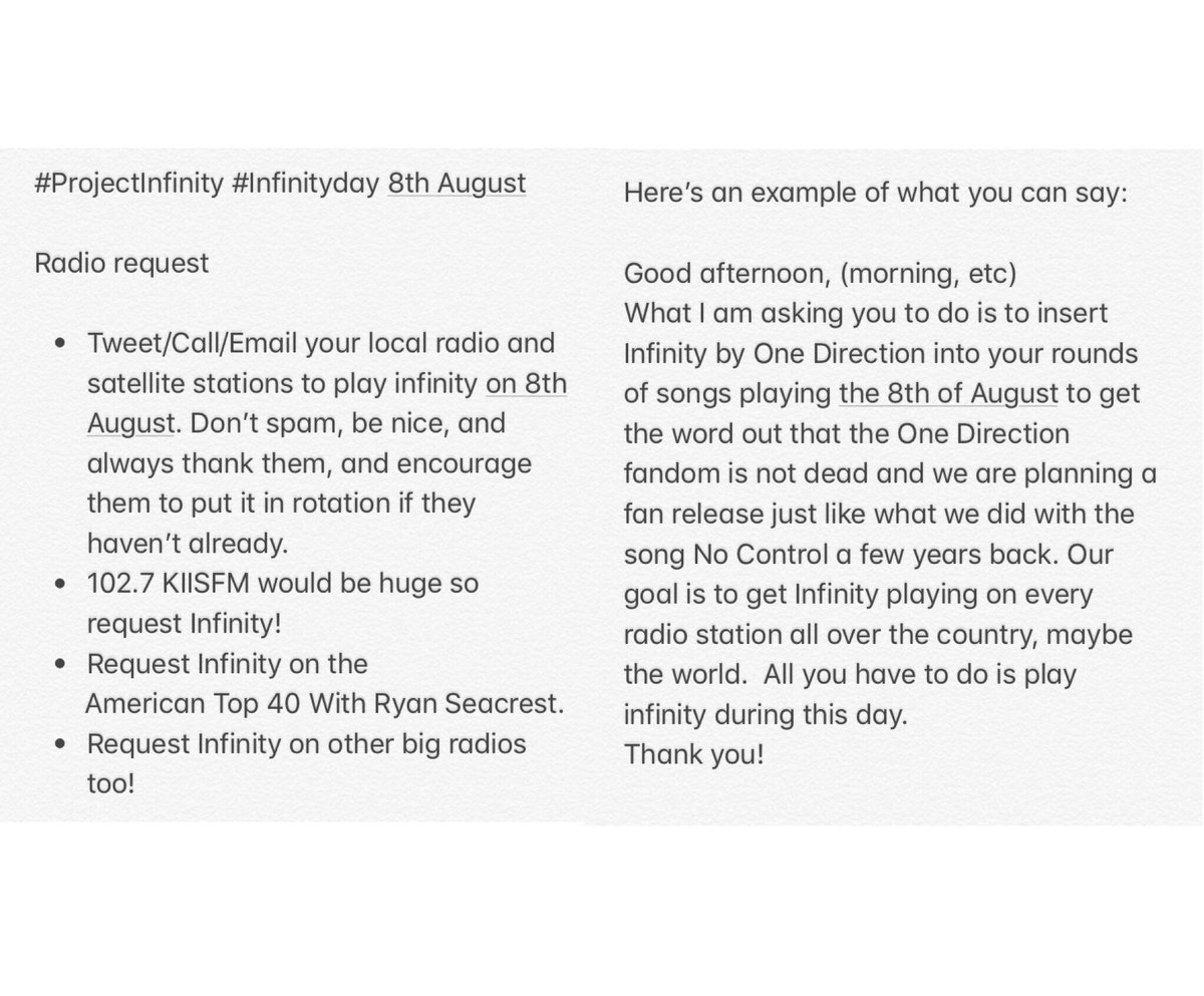 1d_promoting's tweet image. Please ask your local radio station to play Infinity on 8th August! I have an example of what you can say in the picture and please request Infinity on big radios too. 
All the love &amp;lt;3
#ProjectInfinity #InfinityDay