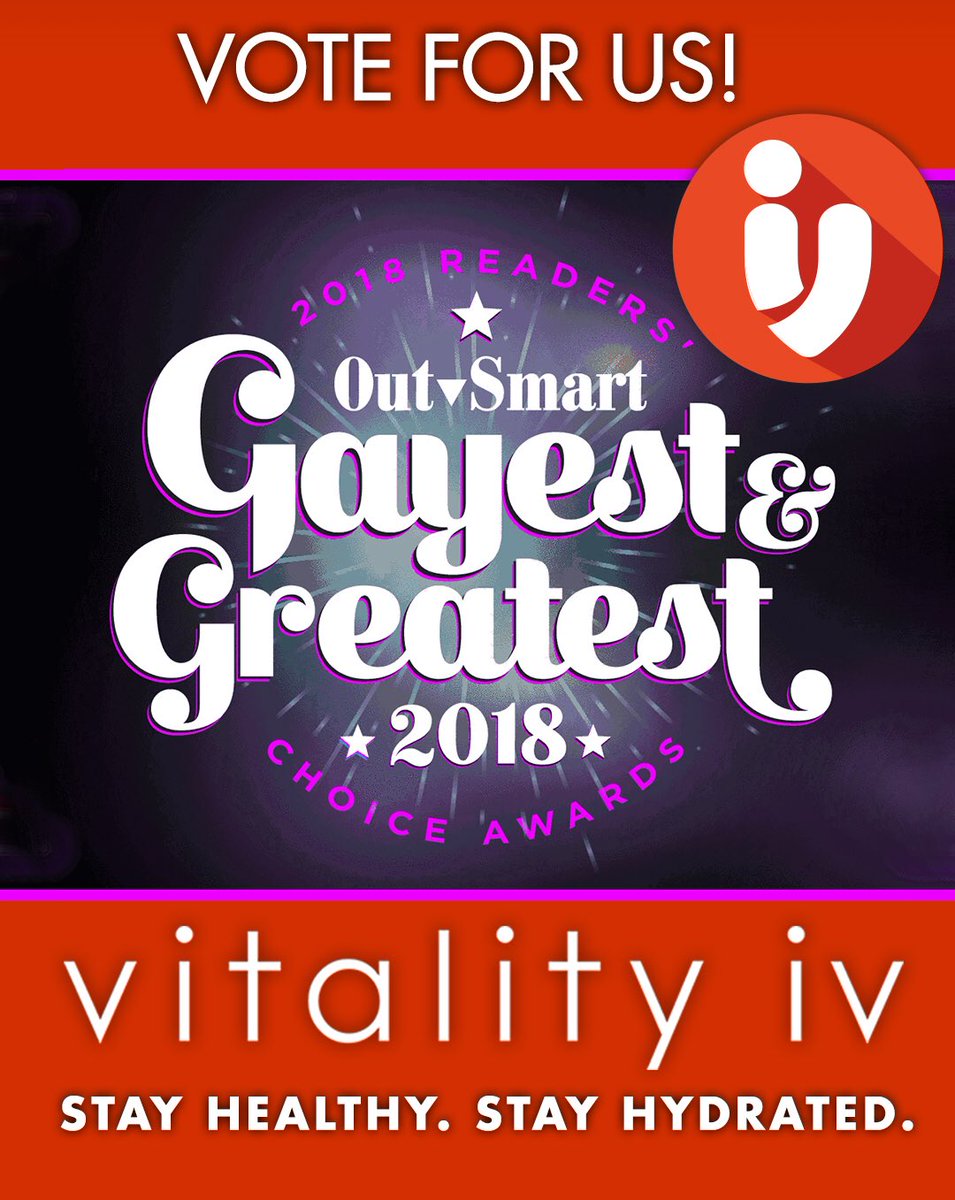 VitalityIVHou's tweet image. Vote for us in #OutSmartMagazine 22nd Gayest &amp;amp; Greatest Readers’ Choice Award! Vote: Now to Aug 15. Go to: OutSmartMagazine.com/GG2018
#detox #meyerscocktail #ivhydration #ivdrip #vitamintherapy #hangovercure #detoxify #IVdriptherapy #GayestandGreatest2018 #LGBTQ #Hou #HTX #Houston