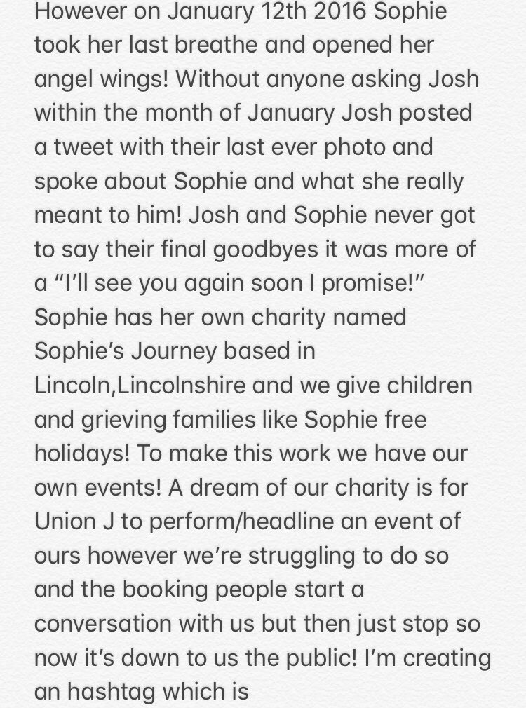 ShelleyhugsUJ's tweet photo. Please help us make this happen!! Tweet #GETUNIONJTOSOPHIESJOURNEY and tag the boys &amp; @sophiejourney1!! This could be a massive dream of our charity but please understand we’d need the boys to help us raise funds!! Please tweet and help us!! SHARE SHARE SHARE!!💙💙💙 https://t.co/n5AtGESc3B