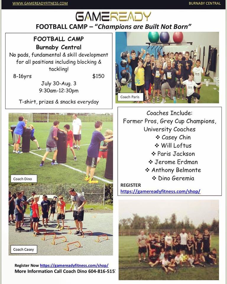 Great camp from Game Ready Fitness  coming up July 30th through August 3rd at Burnaby Central. Get registered..