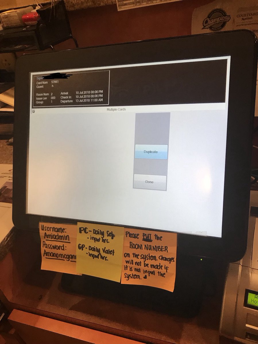 mcu_resident's tweet image. Hey @Marriott
-10 for leaving the front desk unlocked and unattended
-20 for having the username and password taped to the monitor
-50 for using an admin account to run an application. #lazycoding