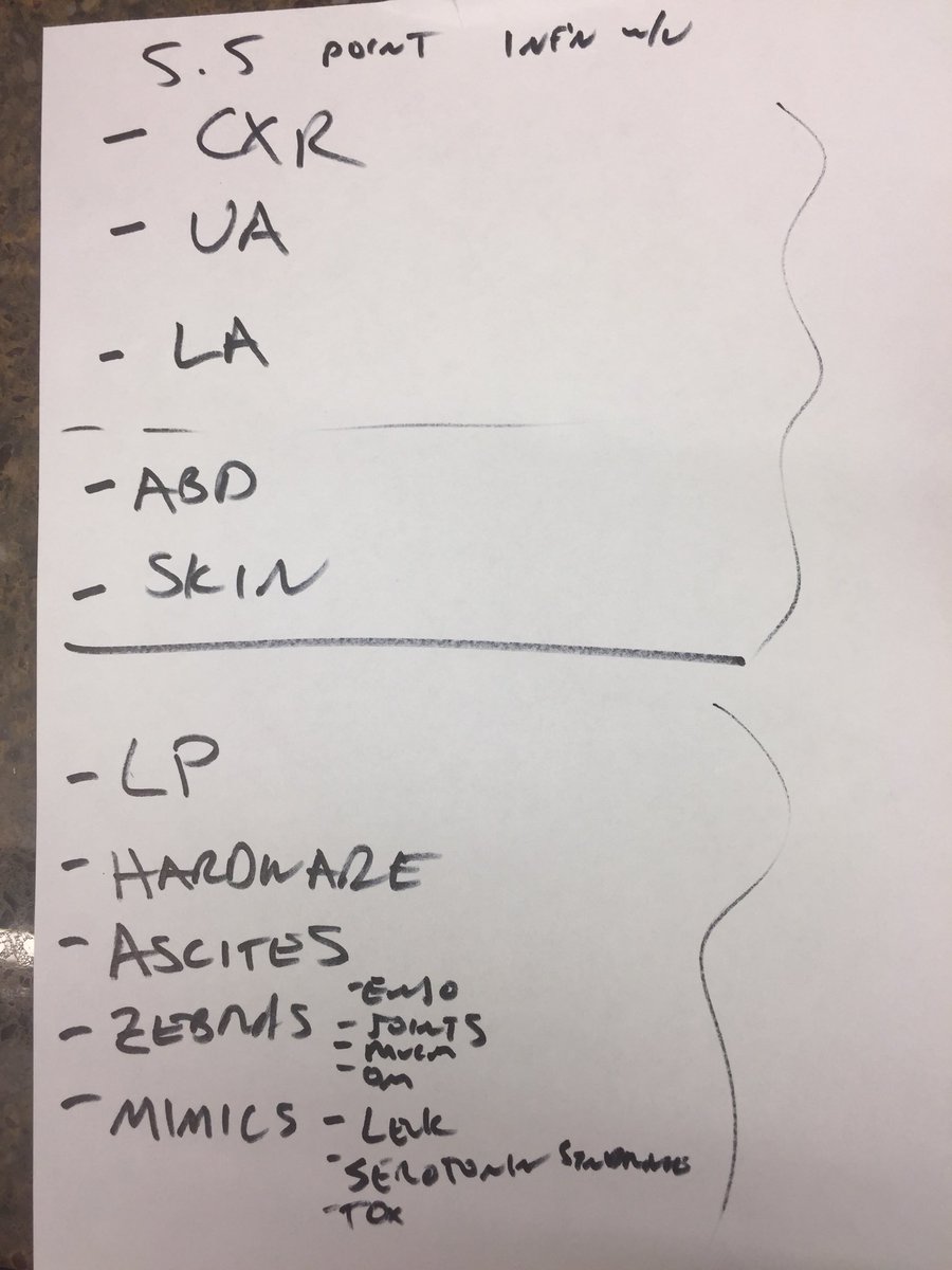 DoplrUltraShawn's tweet photo. @MDaware dropping some bedside wisdom— 5.5. Adult Infectious Workup, 5 things to look for, 5 more to think about https://t.co/4CHTdRGMre