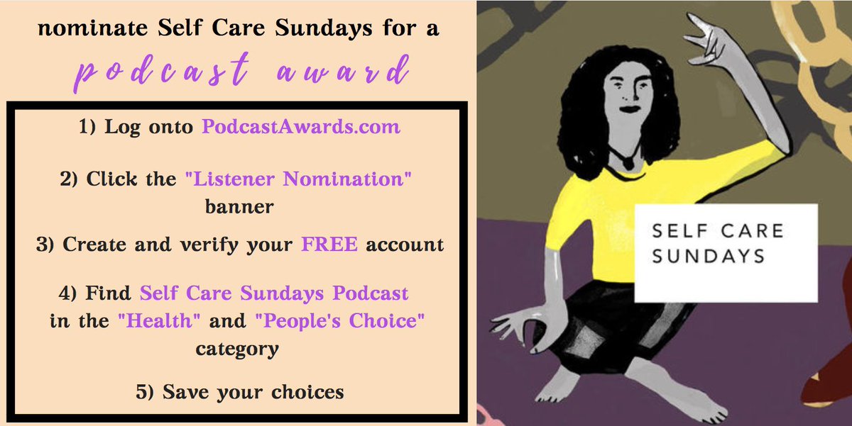 SelfCareSundays's tweet image. Please support us in the 2018 Podcast Awards! We are one of the only podcasts on air that discusses non-commercialized #selfcare in marginalized communities, and we need your help. We&apos;re registered in the &quot;Health&quot; and &quot;People&apos;s Choice&quot; category! #PCA18