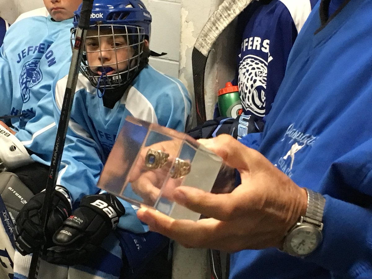 twigmaster's tweet photo. Fun end to the summer!  Coach Saterdalen spoke to Bantams and HS players, shared wisdom, and showed the boys a few championship rings too.  We gave Sats some swag (hat &amp; shirt)....&amp; we heard some great stories and advice!  Lucky to have such tradition!  @JHBCHockey @JagHockey https://t.co/gjgJU9sB2W