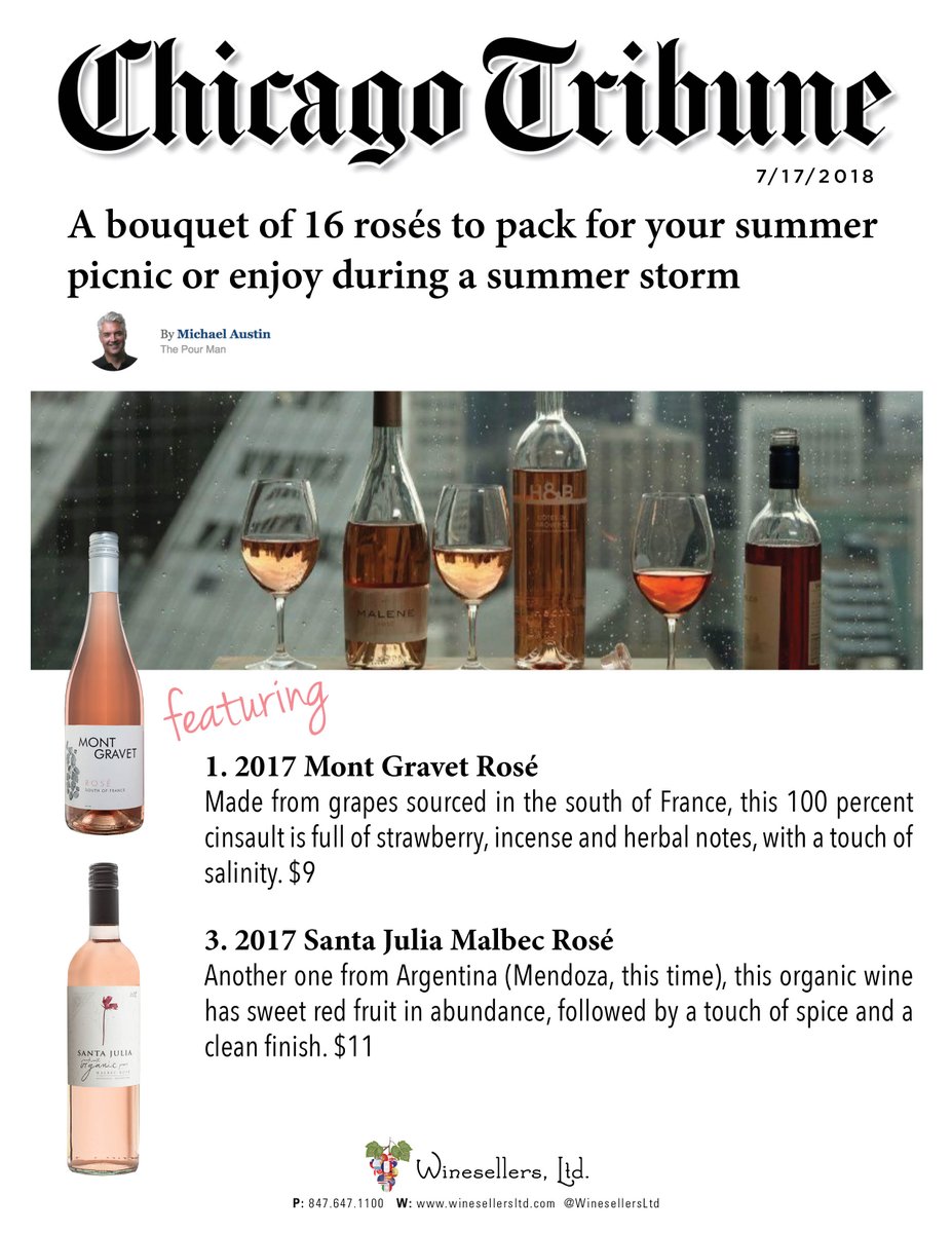 winesellersltd's tweet photo. Rosé is an ideal way to beat the gray monotony of the world at certain times of the year, says #MichaelAustin @pour_man from #ChicagoTribune so try these #rosé #wines! 2017 Mont Gravet Rosé & 2017 Santa Julia Malbec Rosé
https://t.co/7BSO0HFccY @SantaJuliaARG @chicagotribune https://t.co/UKVi9jkO94