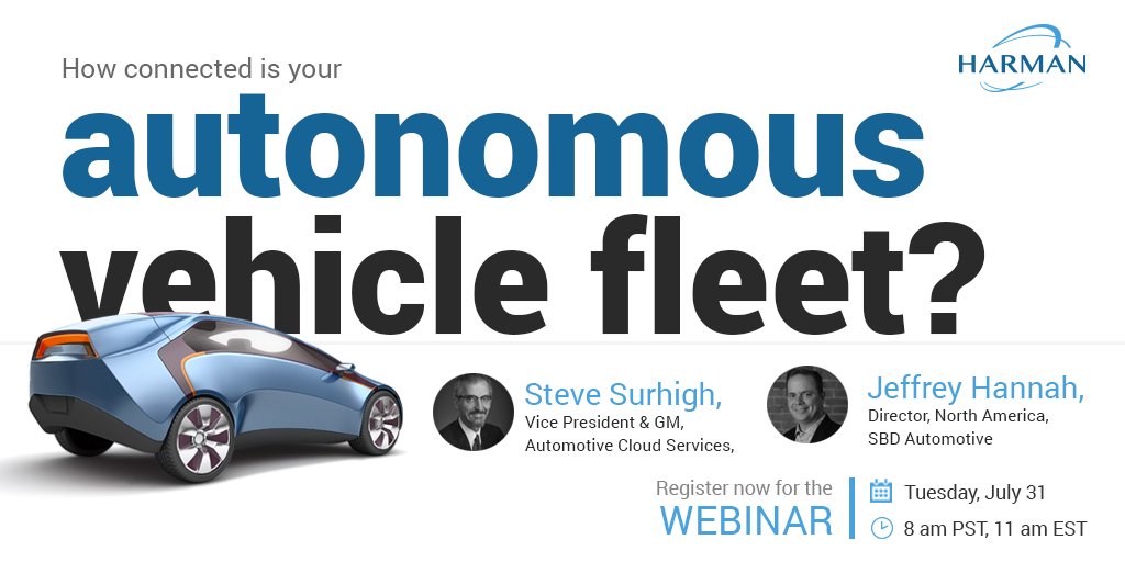 HARMANservices's tweet photo. Is your business ready for the challenges of the #AutonomousEra? Join the webinar by Steve Surhigh, VP and GM, HARMAN and Jeffrey Hannah, Director, SBD Automotive to assess your readiness. Register now: https://t.co/8a6wvVI6n4 https://t.co/L2tF3JgosY