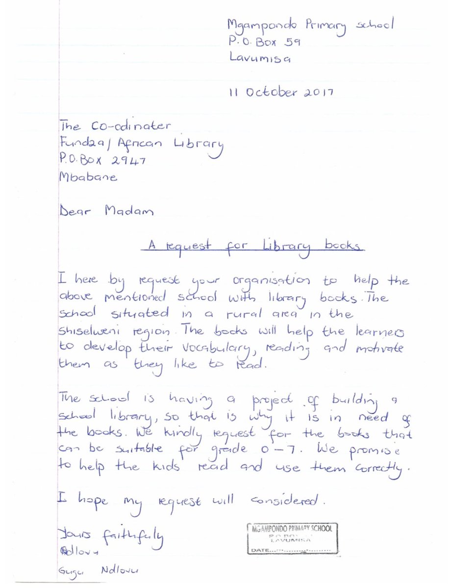 Here is an application letter from Mgampondo Primary School for a library in rural Swaziland! Sign up to be a book drive organizer for Swaziland here: africanlibraryproject.org/book-drives/st…
