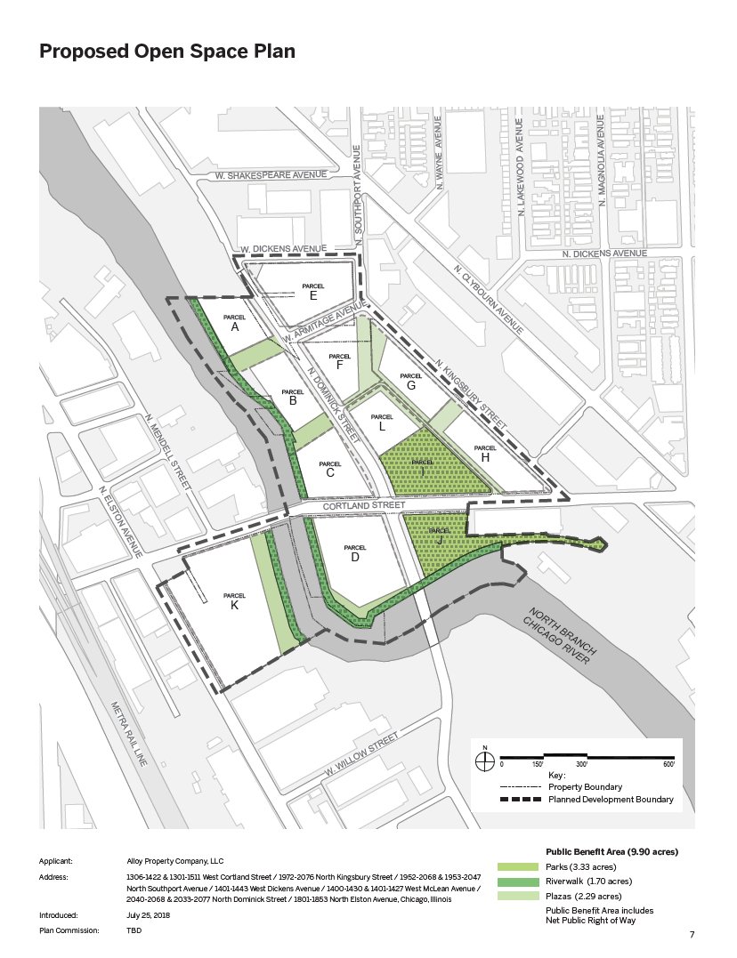 Sterling Bay's zoning applications for <a href="/LincolnYards/">Lincoln Yards</a> show plans for up to 1,500 residential units in southern portion &amp; 3,500 in northern portion. Plans show park land on north side of proposed soccer stadium and along Cortland Street, as well as riverwalks &amp; plazas.