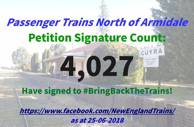NewEngTrains's tweet photo. @ARC2350 You run with a minority petition to remove a bridge essential for reopening our railway, yet completely ignore our petition with 4,000+ signatures and growing to #BringBackTheTrains north of #Armidale! You don't represent #NewEngland community on this issue! #nswpol #auspol https://t.co/KMRLvvnTXT
